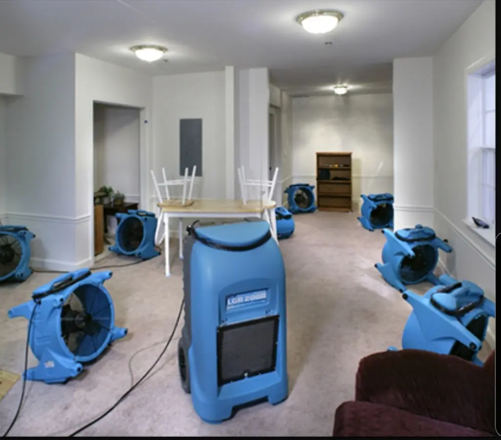 Air movers and dehumidifier setup for Water Damage Restoration in Hobart